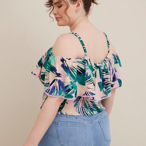 Torrid Crinkle Gauze Cold Shoulder Ruffle Top - Picture 3 of 10